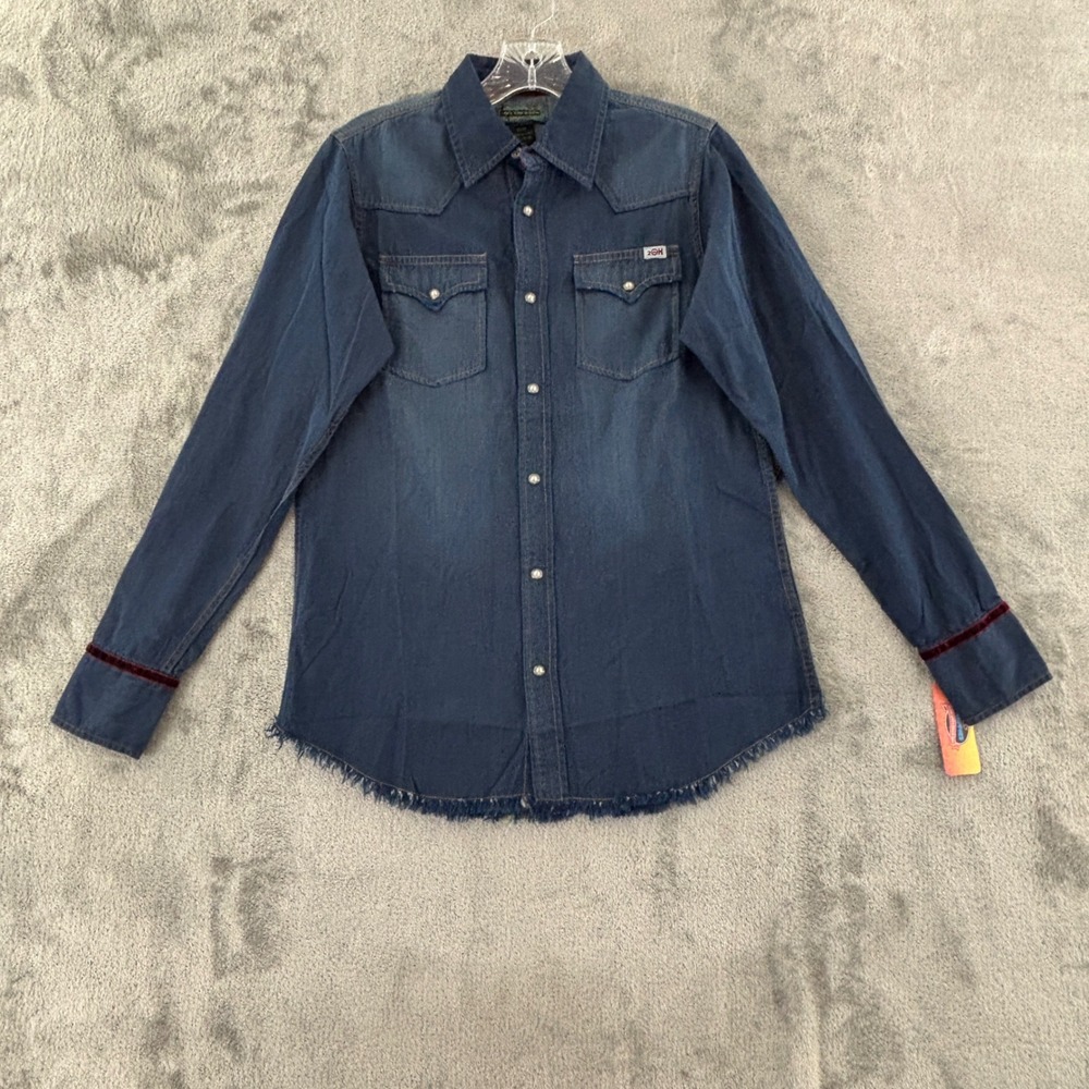 2OH Threads Western Denim Peace Sign Snap Shirt Womens XS Frayed Hem Velvet Trim